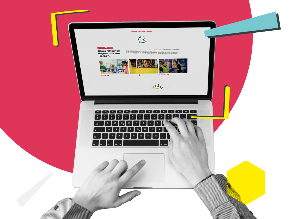ein laptop mit händen und bunten grafischen Elementen drumherum
