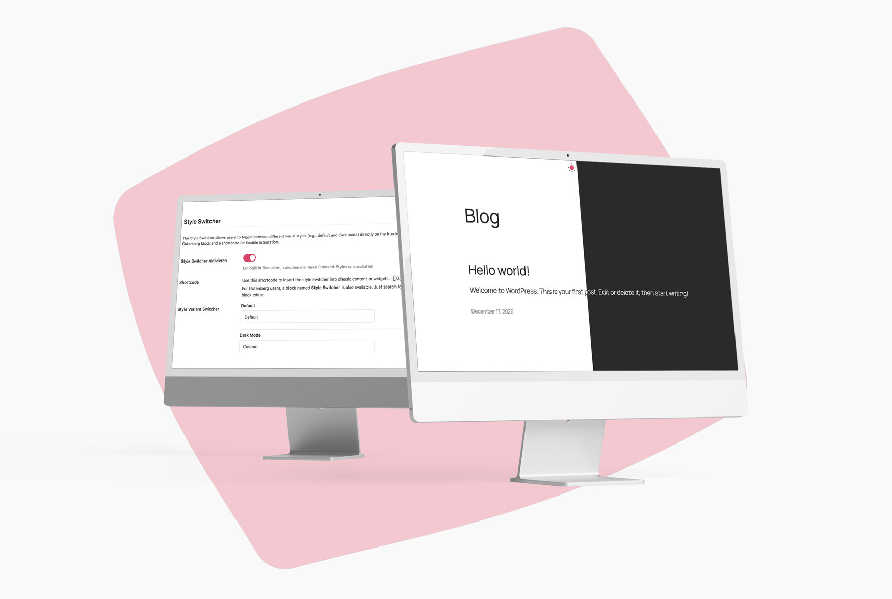 Zwei weiße Desktop-Monitore auf Ständern, einer mit einer Blog-Einführung, der andere mit einem Blog-Abonnementformular, beide vor einem rosafarbenen geometrischen Hintergrund.
