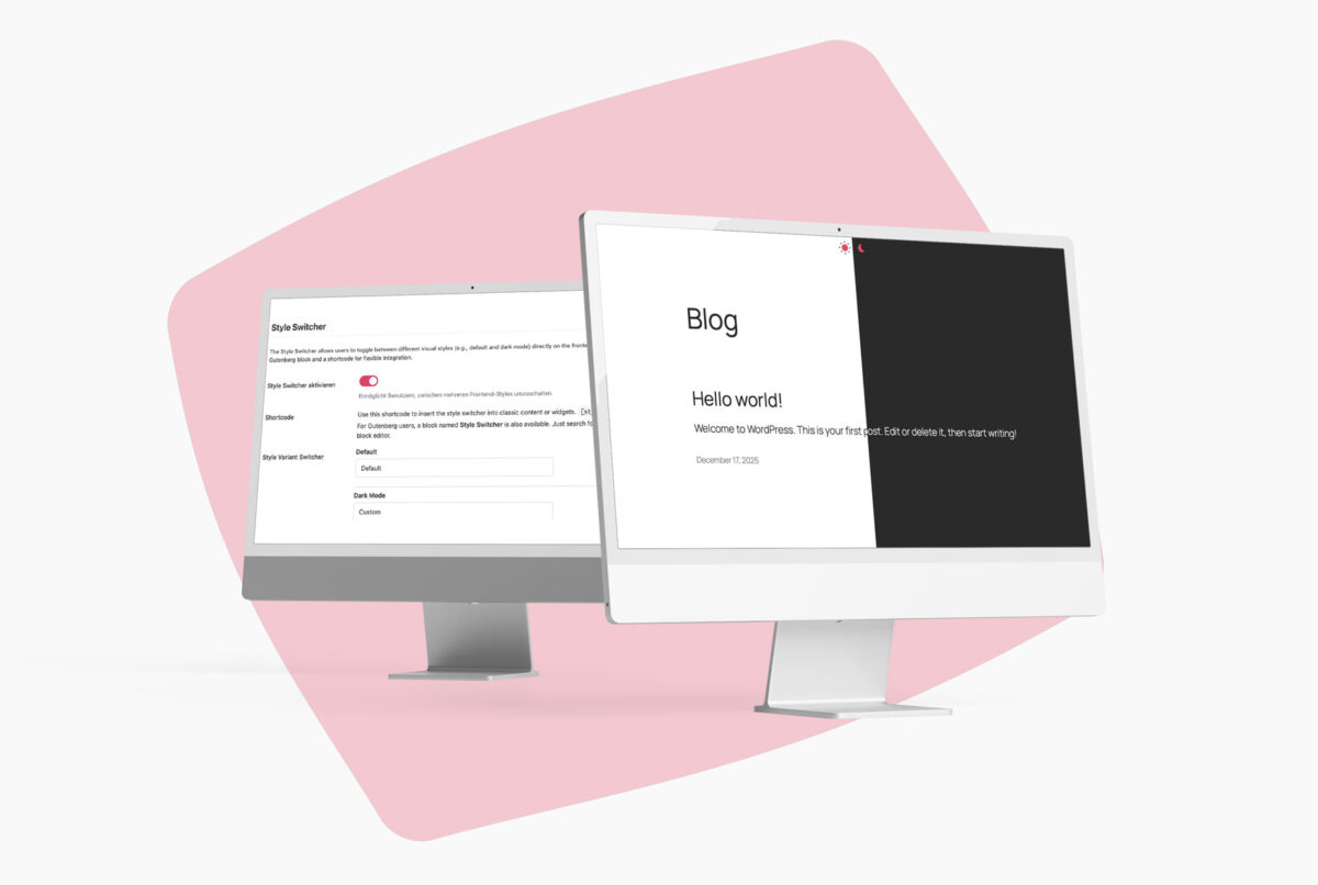 Zwei Desktop-Monitore stehen auf einer rosa, unregelmäßigen Form. Ein Bildschirm zeigt einen Blogbeitrag mit dem Titel "Hello world!", während der andere ein Formular mit der Aufschrift "Buy Me a Coffee" anzeigt. Beide sind vor einem weißen Hintergrund zu sehen.