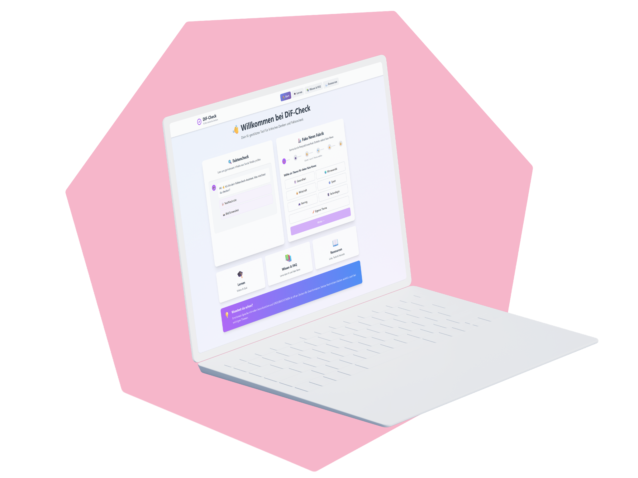 Das Bild zeigt einen Laptop, auf dem der DiF-Check-Prototyp zu sehen ist.